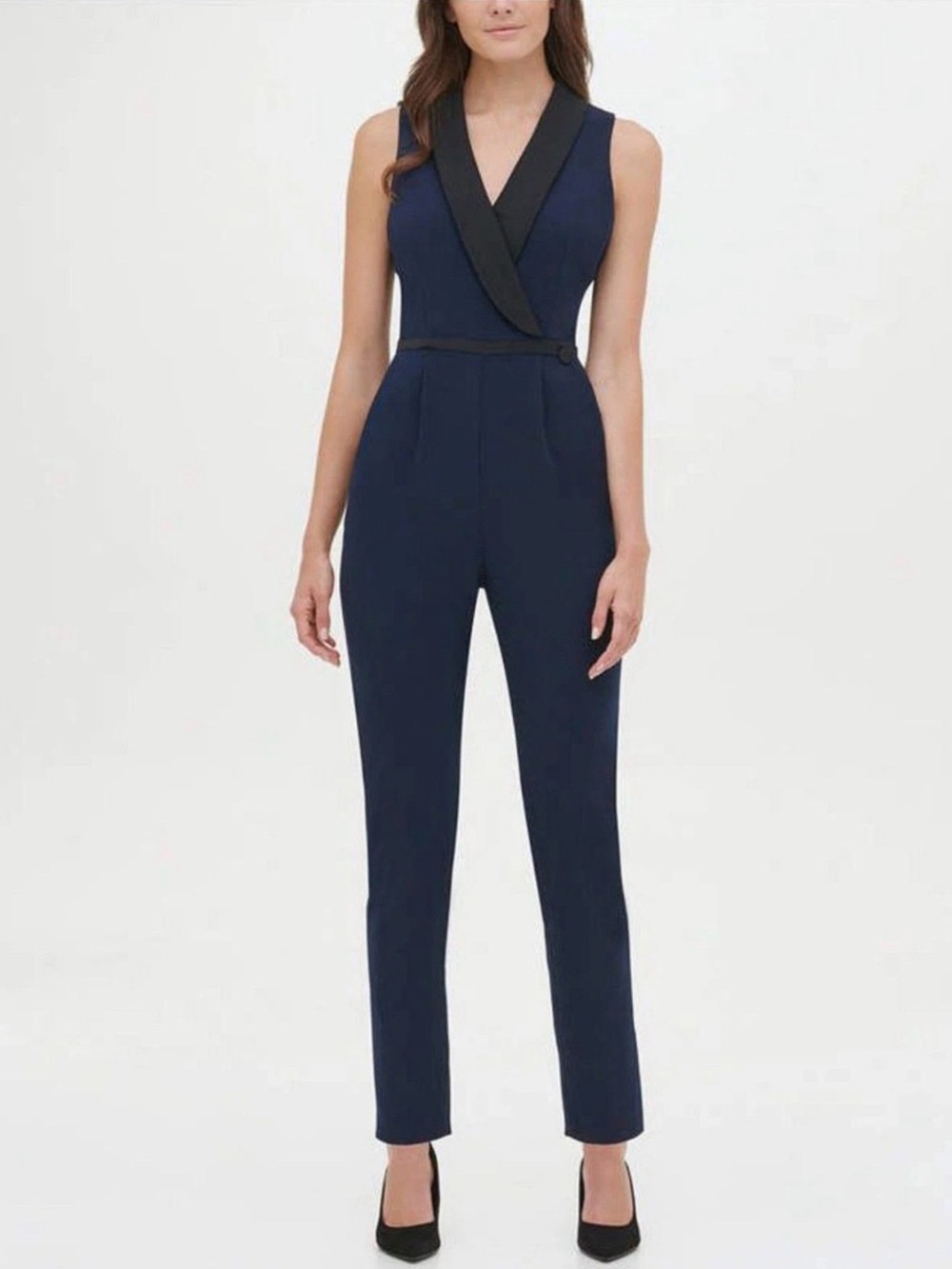 Tommy Hilfiger Navy Tuxedo Jumpsuit Black Lapel Belted Office Siren Old Money 12